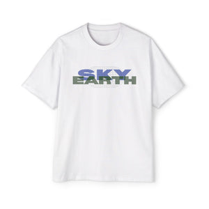 White t-shirt with 'SKY EARTH' text on a white background