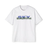 White t-shirt with 'SKY EARTH' text on a white background