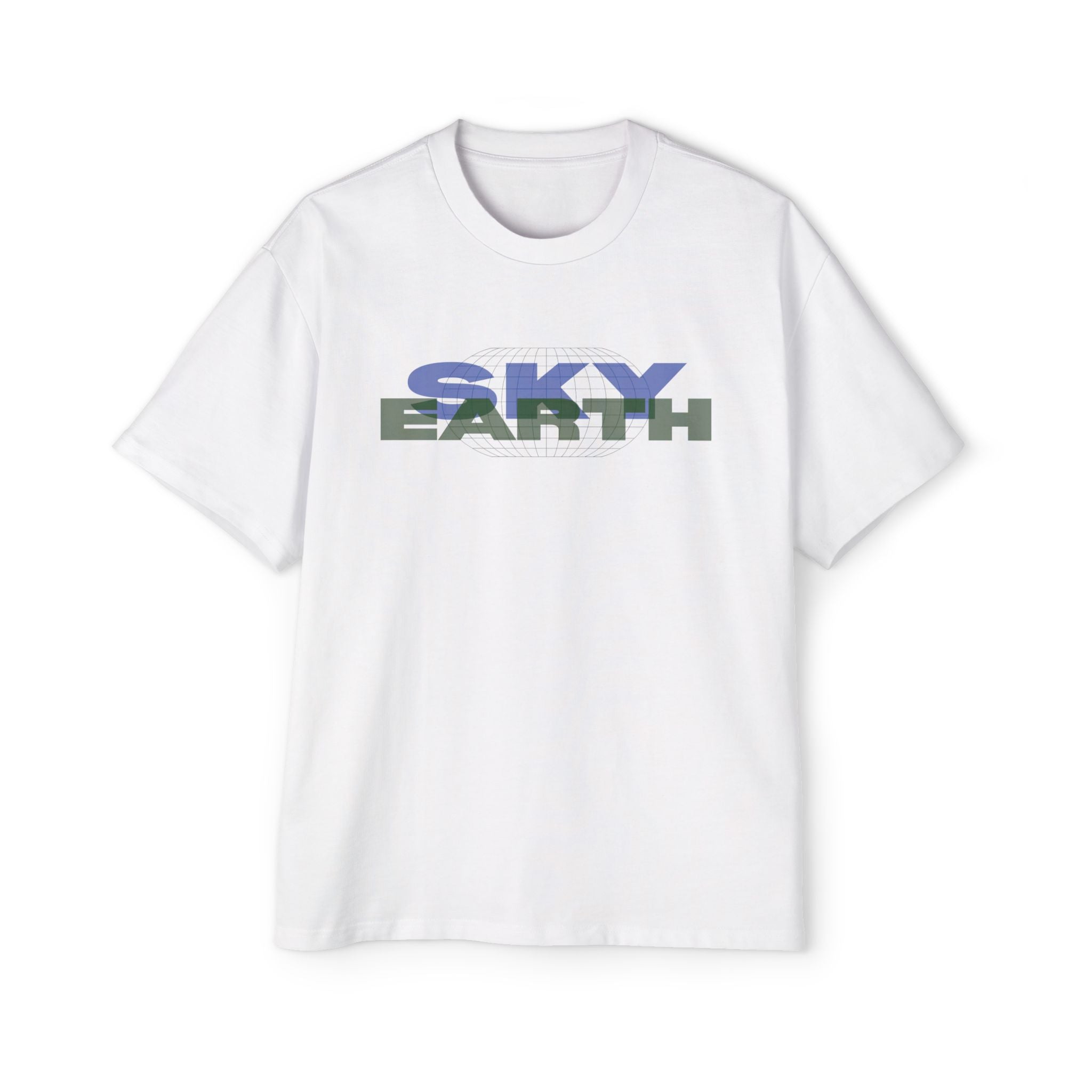 White t-shirt with 'SKY EARTH' text on a white background